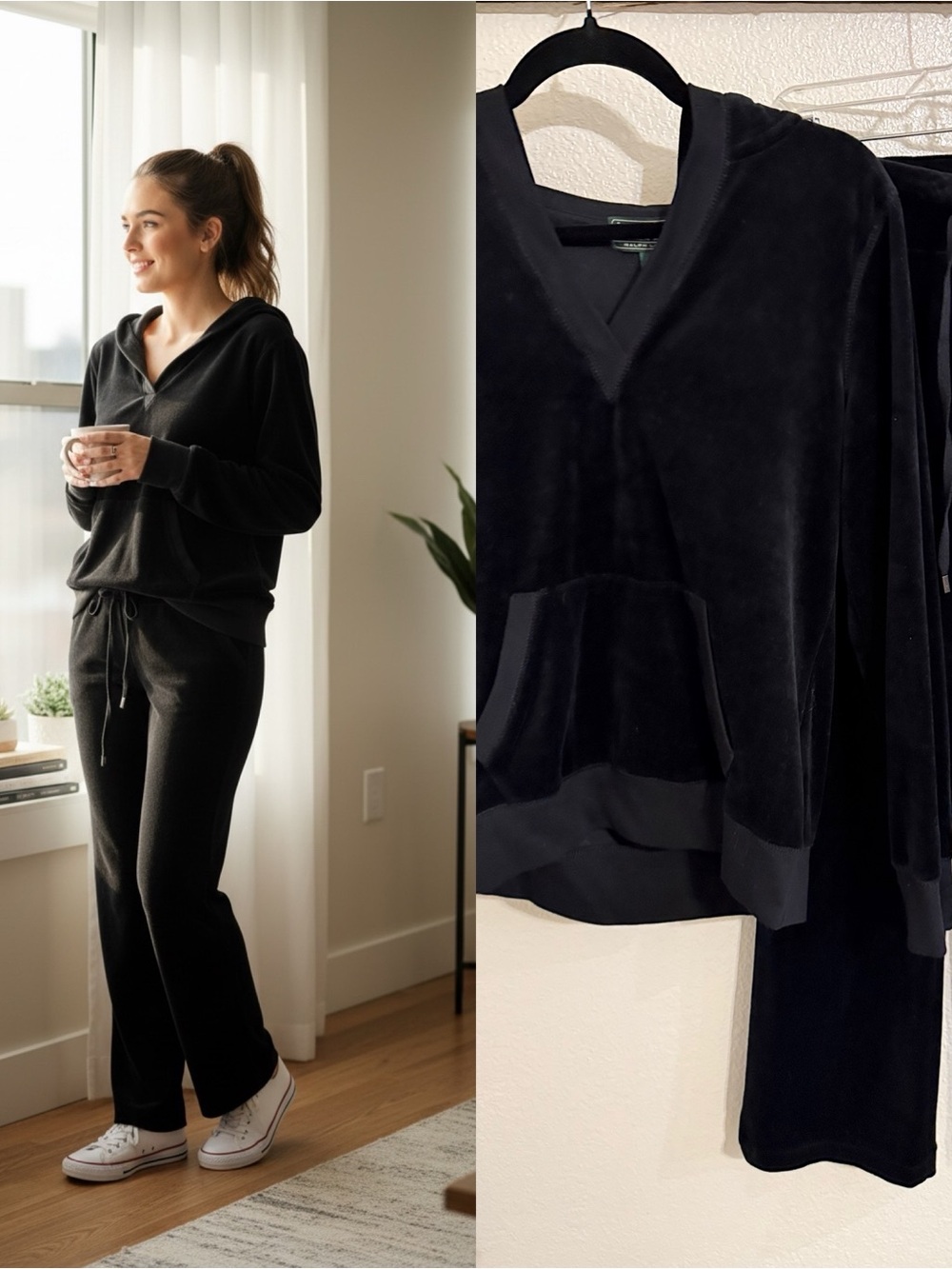 NWT Lauren Ralph Lauren Active Black Velour Lounge Set Medium Top Small Pants